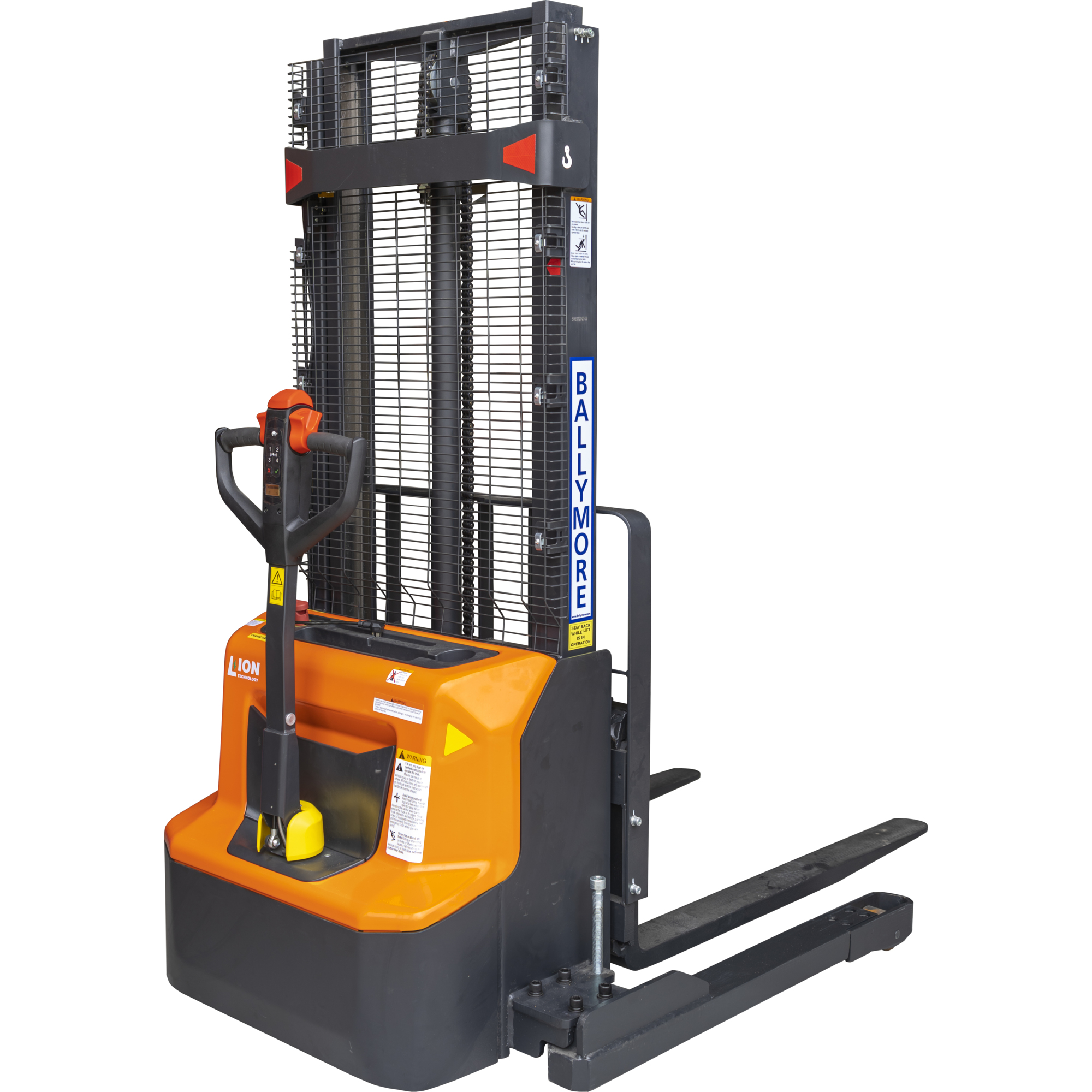 Ballymore, Lithium Power Stacker, 2600lb Capacity, 114in. Lift, Capacity 2600 lb, Raised Height 134 in, Lowered Height 77 in, Model# BALLYPAL 26NSL114